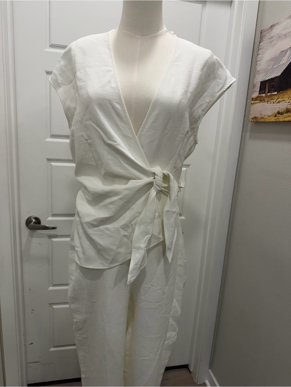 Womens White Wrap-Front Wide Leg Jumpsuit - Picture 4 of 8